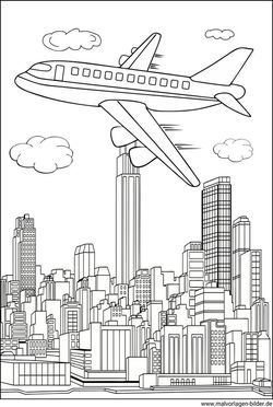 Malvorlage Flugzeug Skyline New York