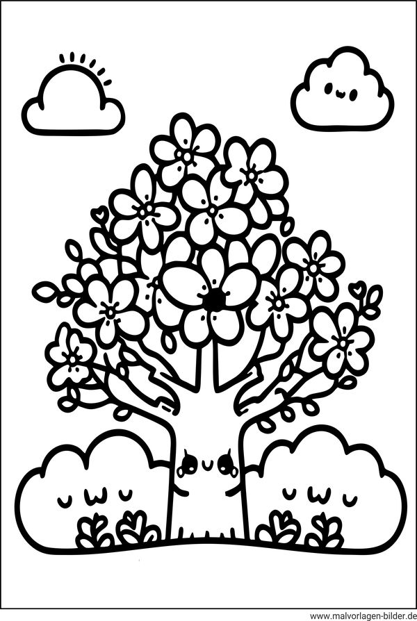 Ausmalbild Frühling Baum blüht