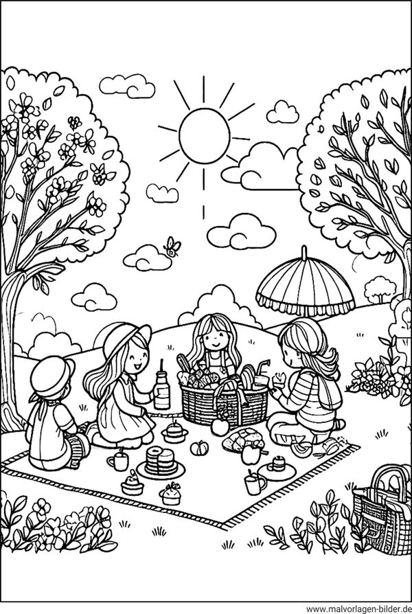 Ausmalbild Frühling Picknick