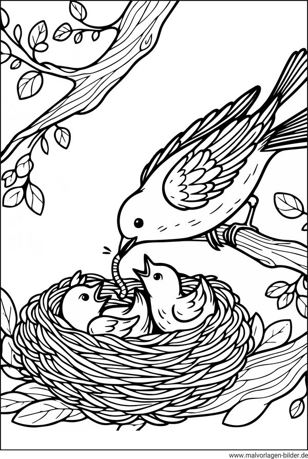 Ausmalbild Frühling Vogel im Nest