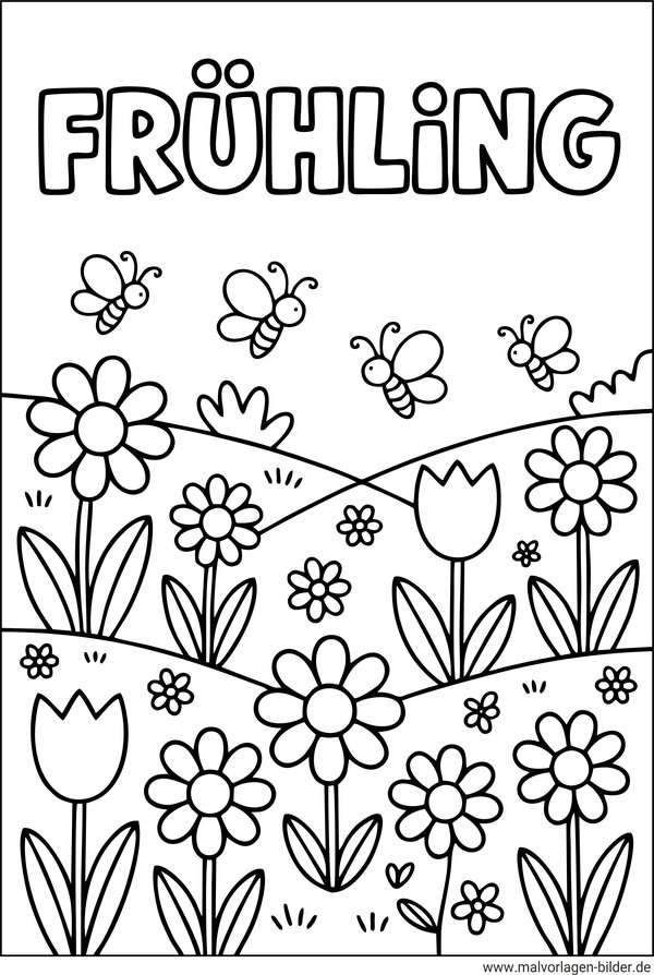 Ausmalbild für Kinder mit dem Schriftzug Frühling