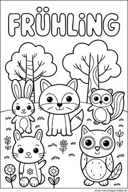 Ausmalbild Frühling mit Tieren PDF zum Ausdrucken