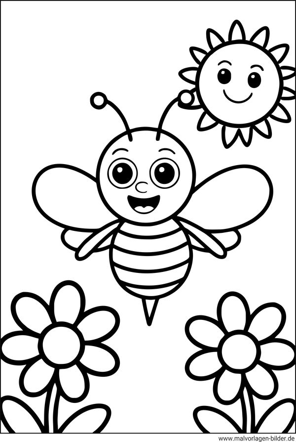 Frühling Ausmalbild Biene Blumen und die Sonne