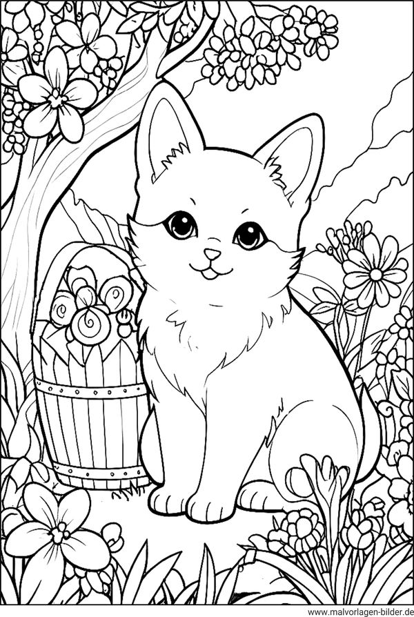 Frühling Katze im Garten Ausmalbild Erwachsene