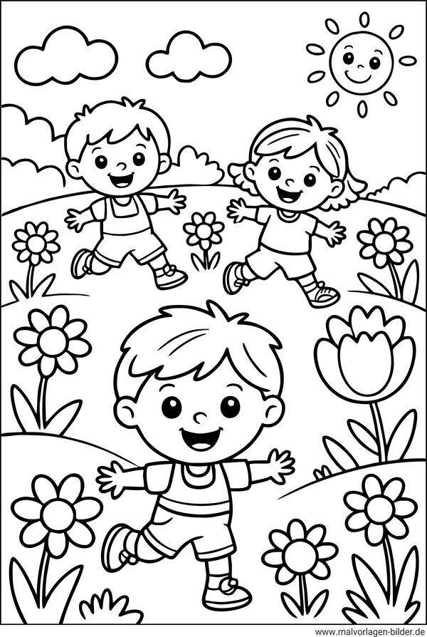 Kinder spielen auf einer Blumenwiese im Frühling Ausmalbild