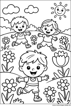 Kinder spielen im Frühling Ausmalbild ausdrucken