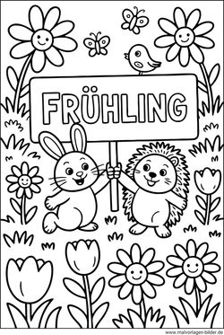 Tiere mit Schild Frühling Ausmalbild für Kinder