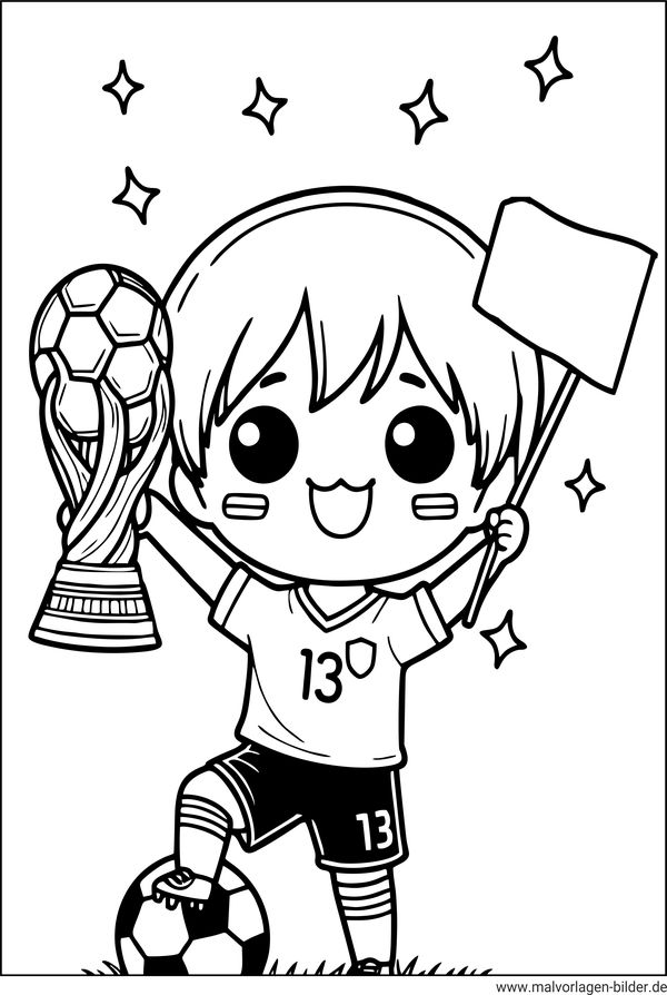 Ausmalbild Fußball Junge gewinnt einen Pokal