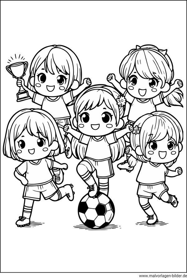 Ausmalbild Mädchen habenb eim Fussball gewonnen Sieg wir gefeiert