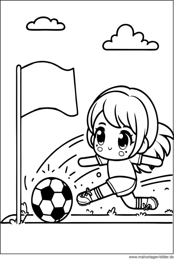 Ausmalbild Mädchen schießt einen Eckball beim Fussball