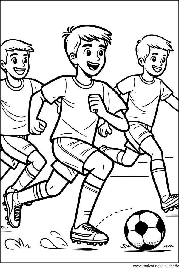 drei Jungs spielen Fussball Ausmalbild