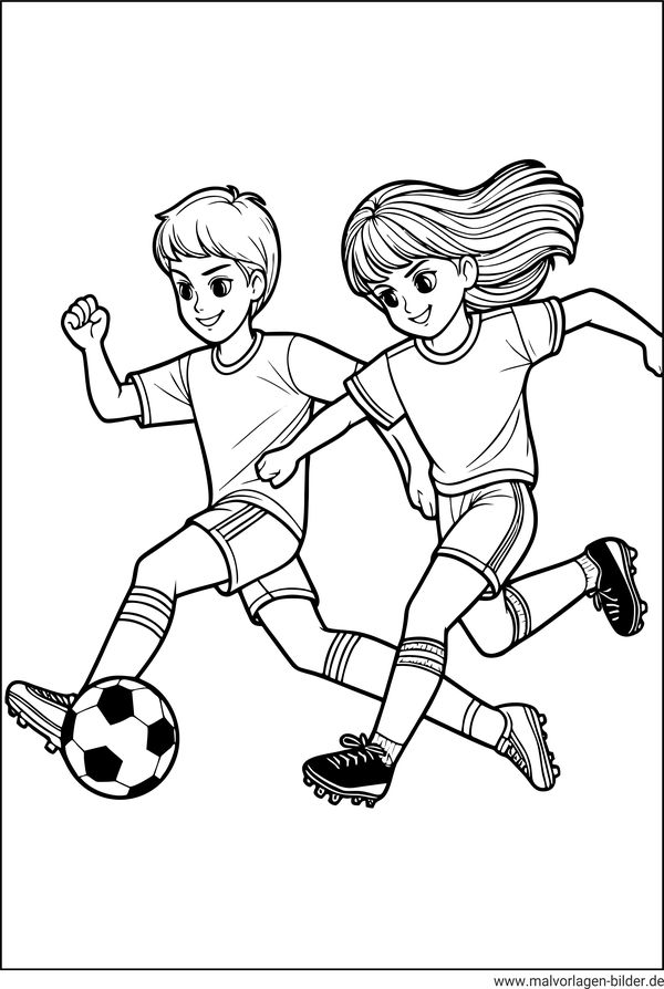 Junge und Mädchen spielen gemeinsam Fußball Ausmalbild