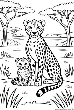 Ausmalbild Gepardenweibchen und ihr Jungtier