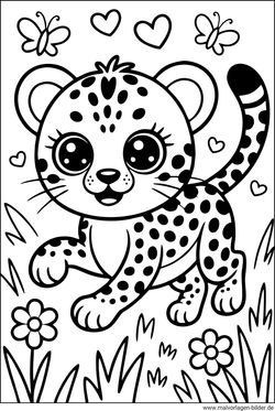 Niedlicher Gepard und zwei Schmetterlinge Ausmalbild