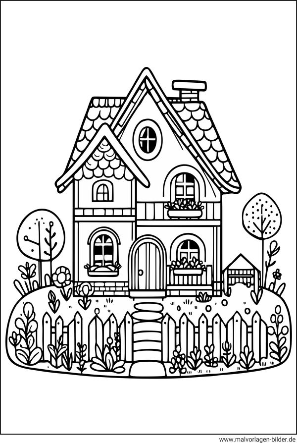 Ausmalbild Haus mit Garten