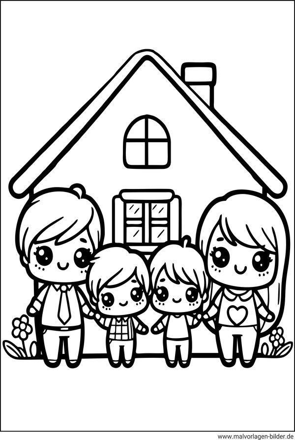 Familie und ihr Haus Ausmalbild