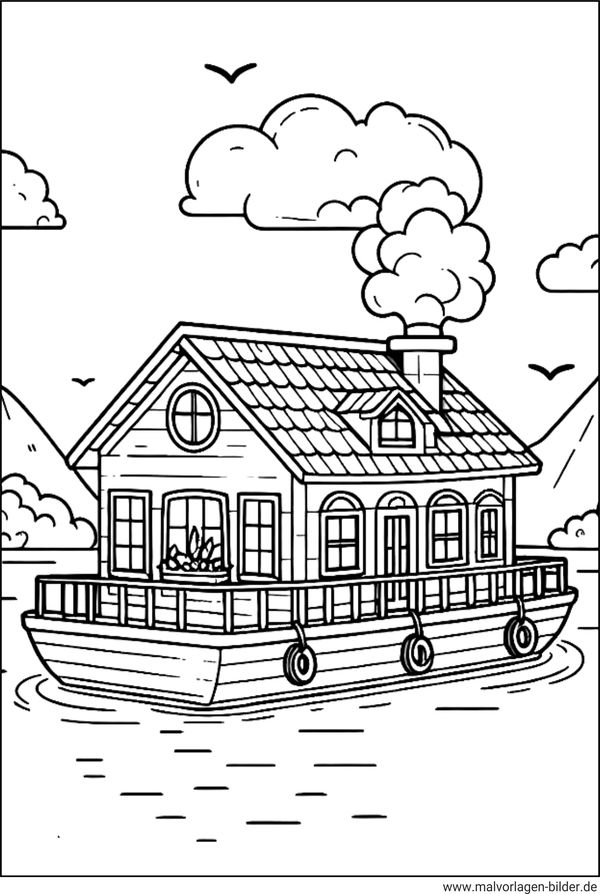 Hausboot Ausmalbild für Kinder