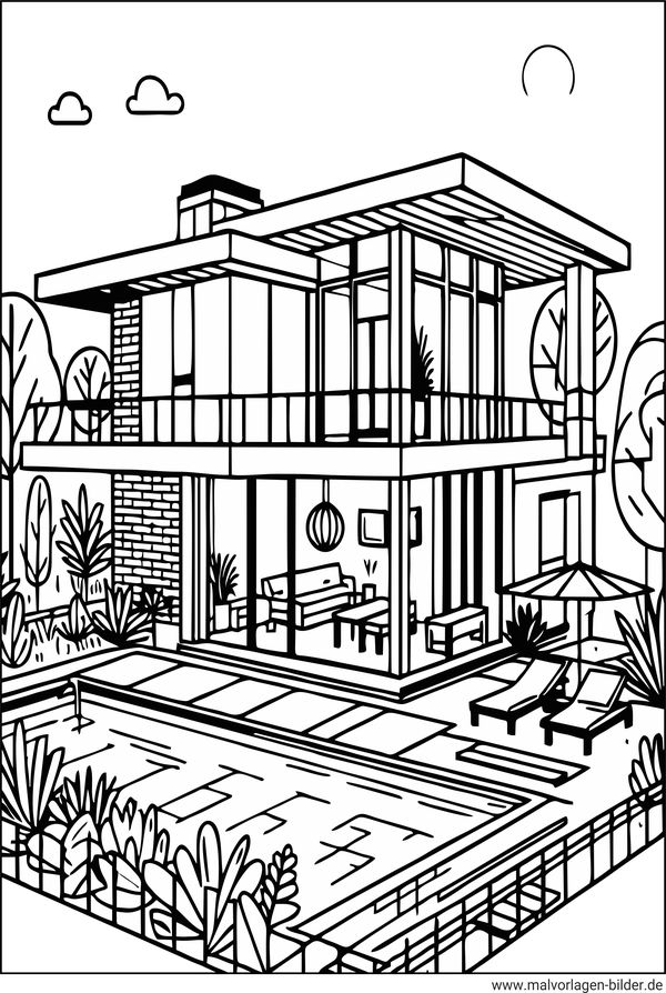 Villa mit Pool Ausmalbild