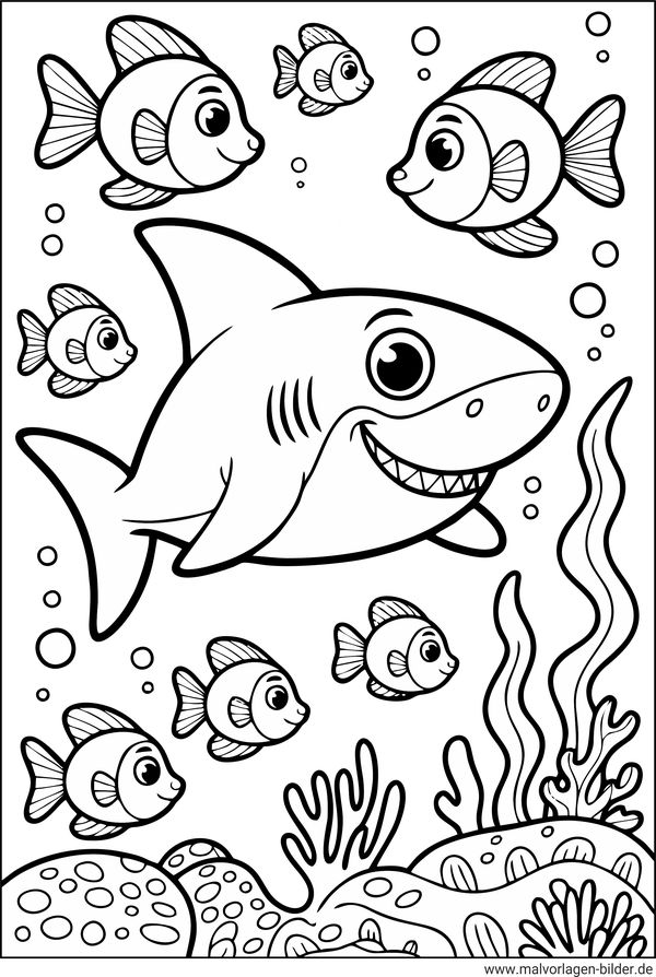 Ausmalbild Hai unter Fischen im Meer