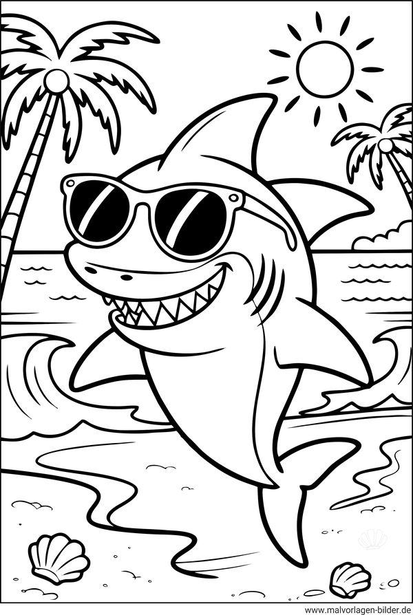 Hai im Urlaub am Strand Ausmalbild