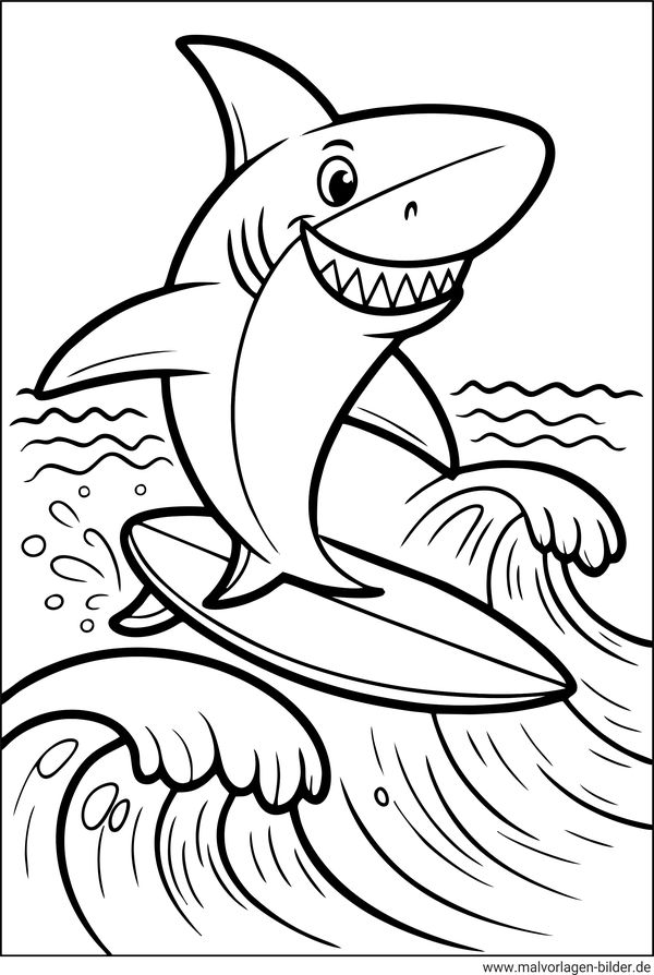 Hai surft auf einer Welle Ausmalbild für Kinder