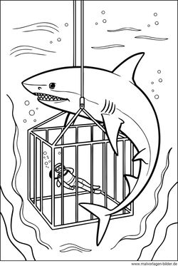 Hai Taucher im Haikäfig Ausmalbild gratis