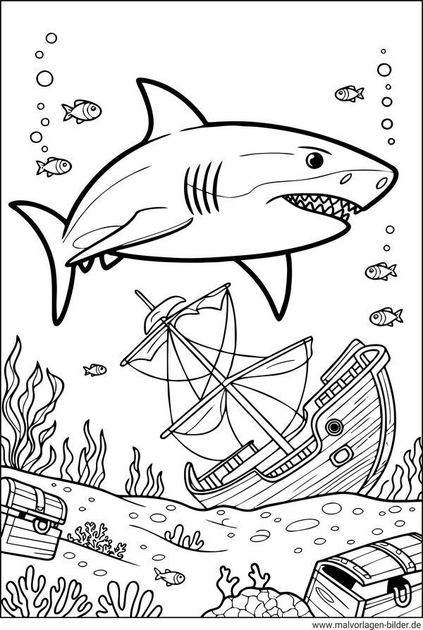 Hai und ein Schiffswrack Ausmalbild