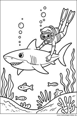 Hai und Taucher Malvorlage zum Ducken