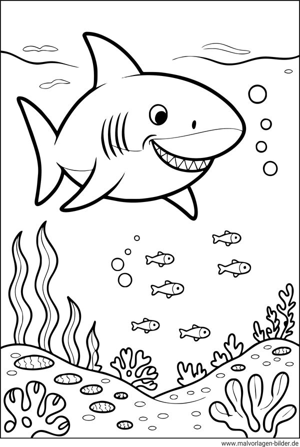 Hai unter Wasser im Meer Malbild für Kinder