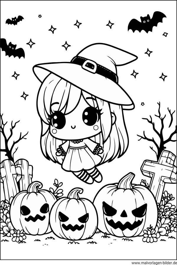 Ausmalbild Halloween Friedhof Kürbis