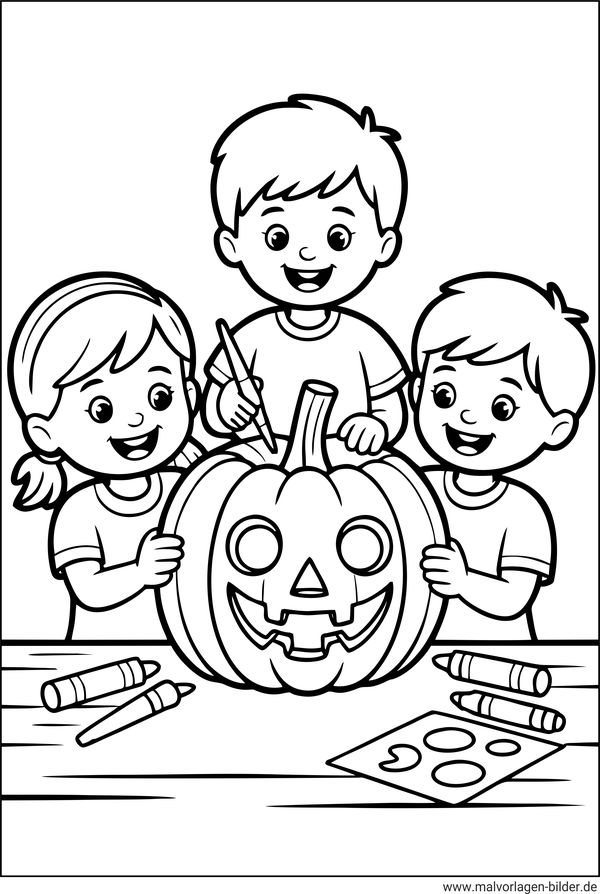 Ausmalbild Halloween Kinder basteln einen Kürbis