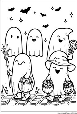 Ausmalbild Halloween kinder verkleiden sich als Gespenster