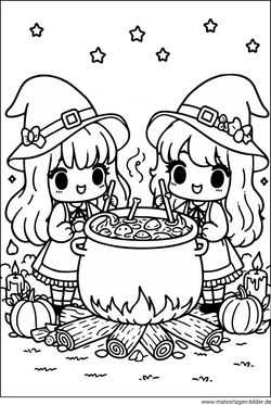 Ausmalbild Hexen kochen eine Hexensuppe in einem Hexentopf