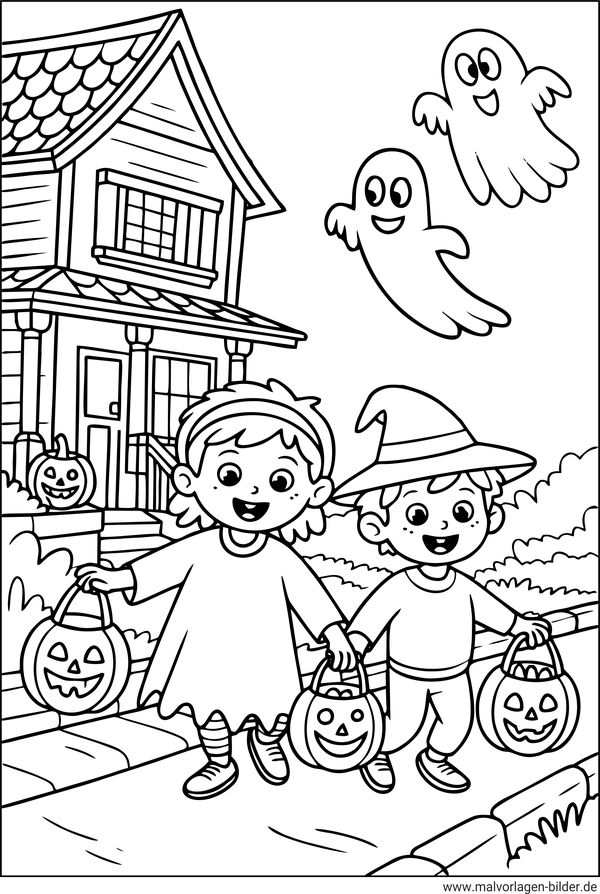 Ausmalbild Kinder sammeln Süßigkeiten an Halloween