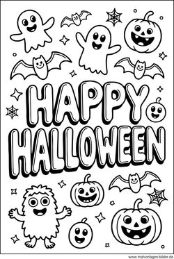 Ausmalbild Monster und Geister mit der Schrift Happy Halloween
