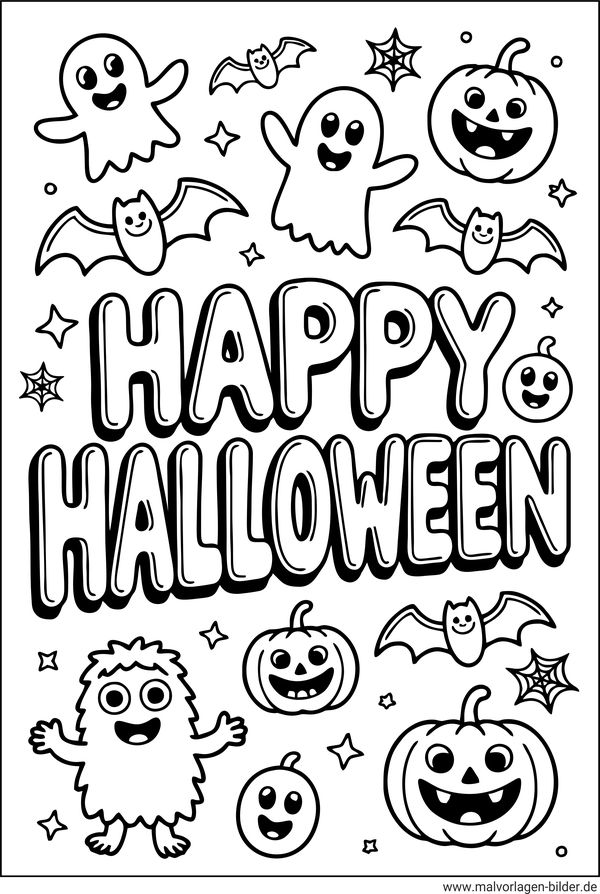 Ausmalbild Monster und Gespenster Happy Halloween