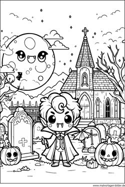 Ausmalbild Vampir auf dem Friedhof Mond Halloween-