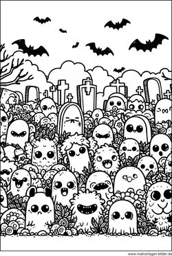 Friedhof mit kleinen-Monster Halloween Ausmalbild zum Ausmalen