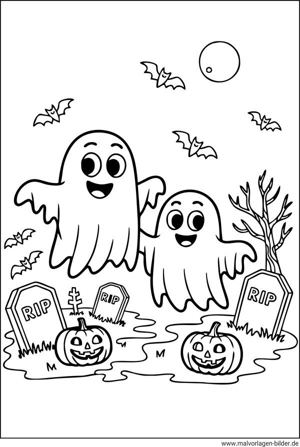 Gespenster auf einem Friedhof Halloween-Ausmalbild