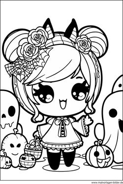 Halloween Ausmalbild Anime Mädchen und Geister