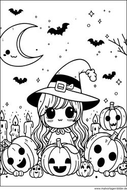 Halloween Hexe und Kürbisse Ausmalbilder