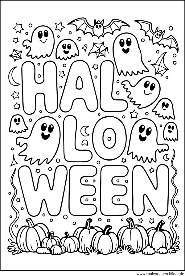 Halloween schrift und kleine Gespenster Ausmalbild
