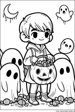 Junge sammelt Süßigkeiten- an Halloween Ausmalbild drucken