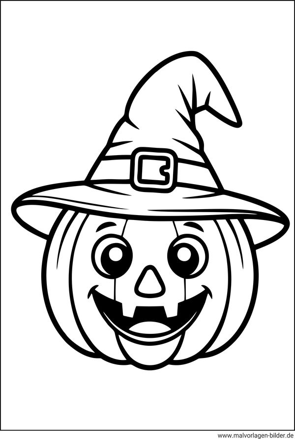 Kostenloses Ausmalbild Halloween Kürbis mit Hexenhut