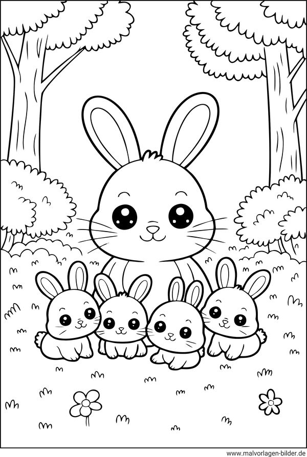 Ausmalbild Hasenmama mit vier Hasenbabys