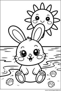 Hase am Strand und Sonne am Himmel Ausmalbild