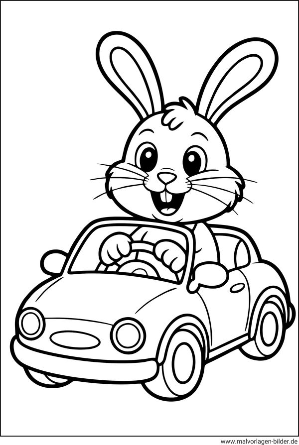 Hase fährt ein Auto Ausmalbild
