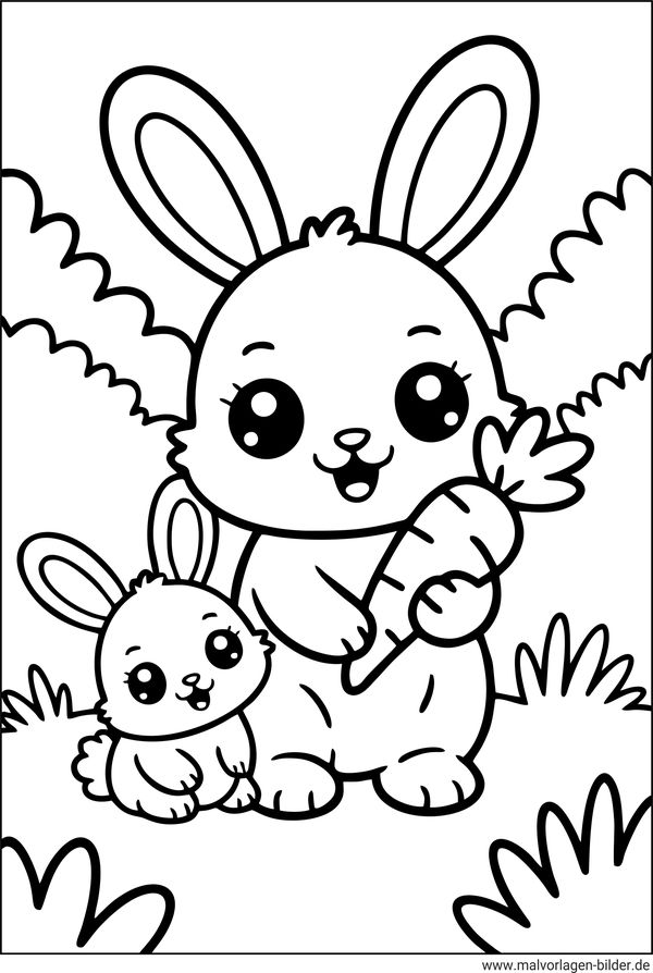 Hase mit Karotte und ein Hasenbaby Ausmalbild