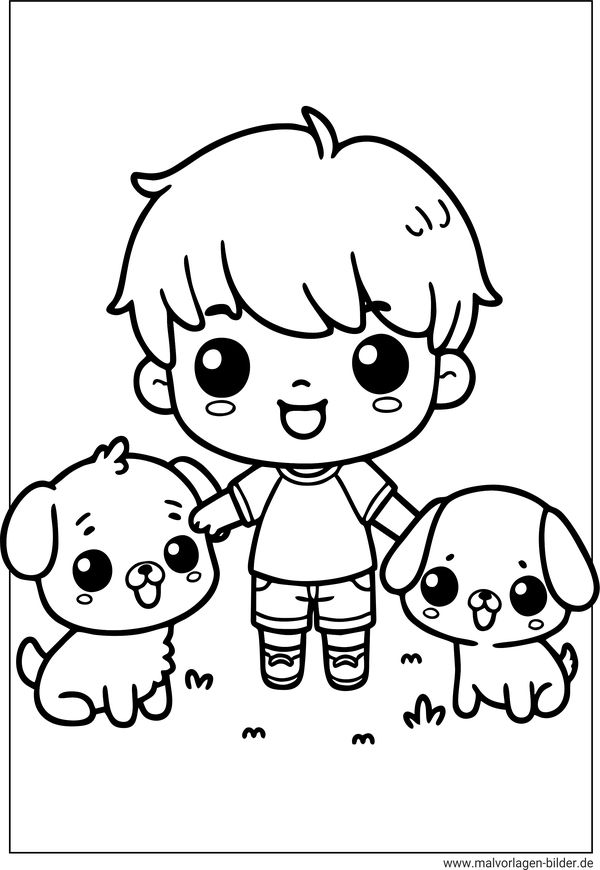 Ausmalbild Junge spielt mit Hunden