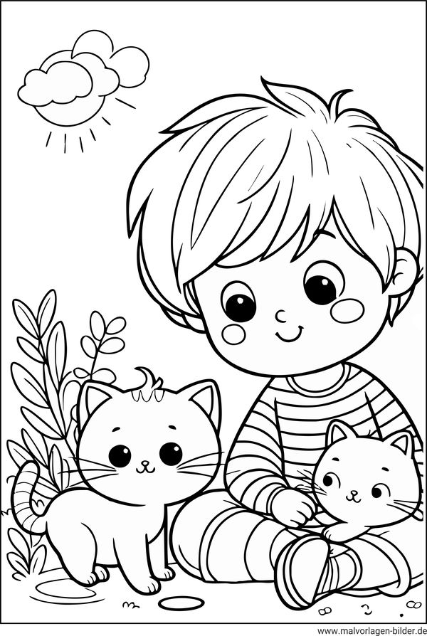 Ausmalbild Kind spielt mit Katze im Garten